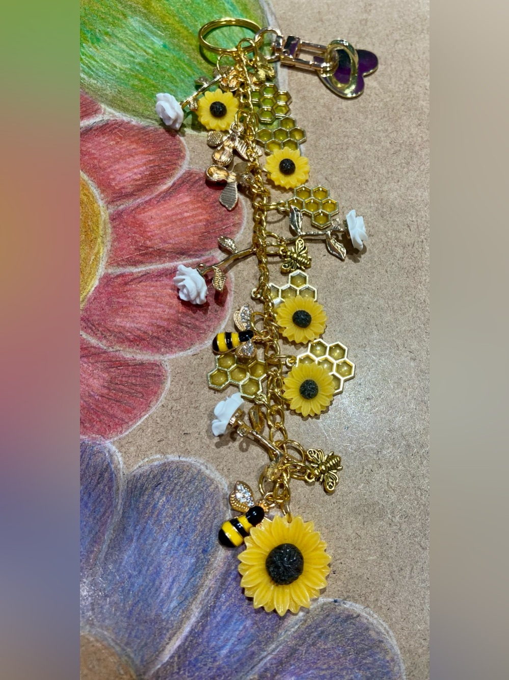 Hand Crafted Yellow Sunflower & Bee Charm Keychain